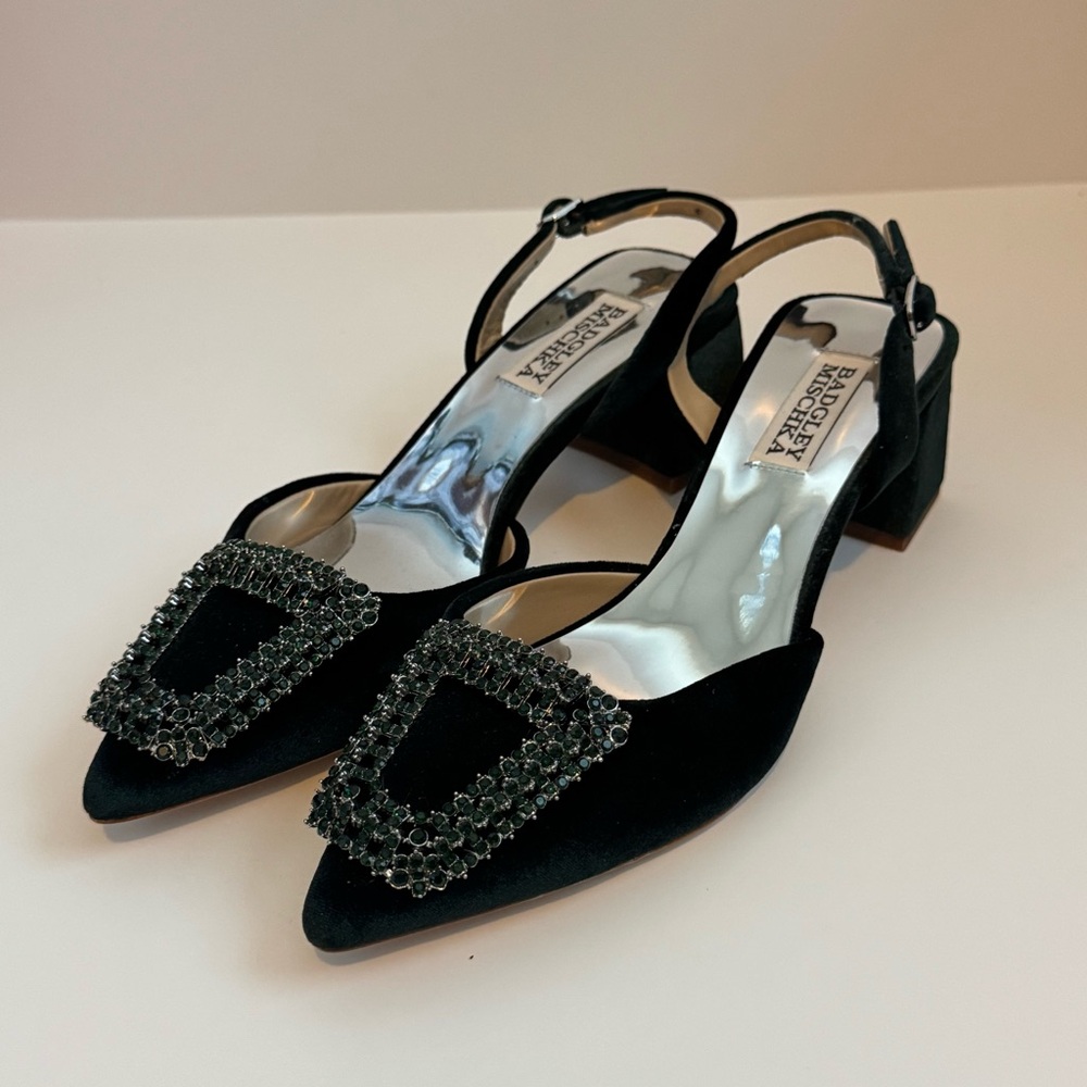 Badgely Mischka Dark Emerald Green Velvet Block Heel Sling Back
